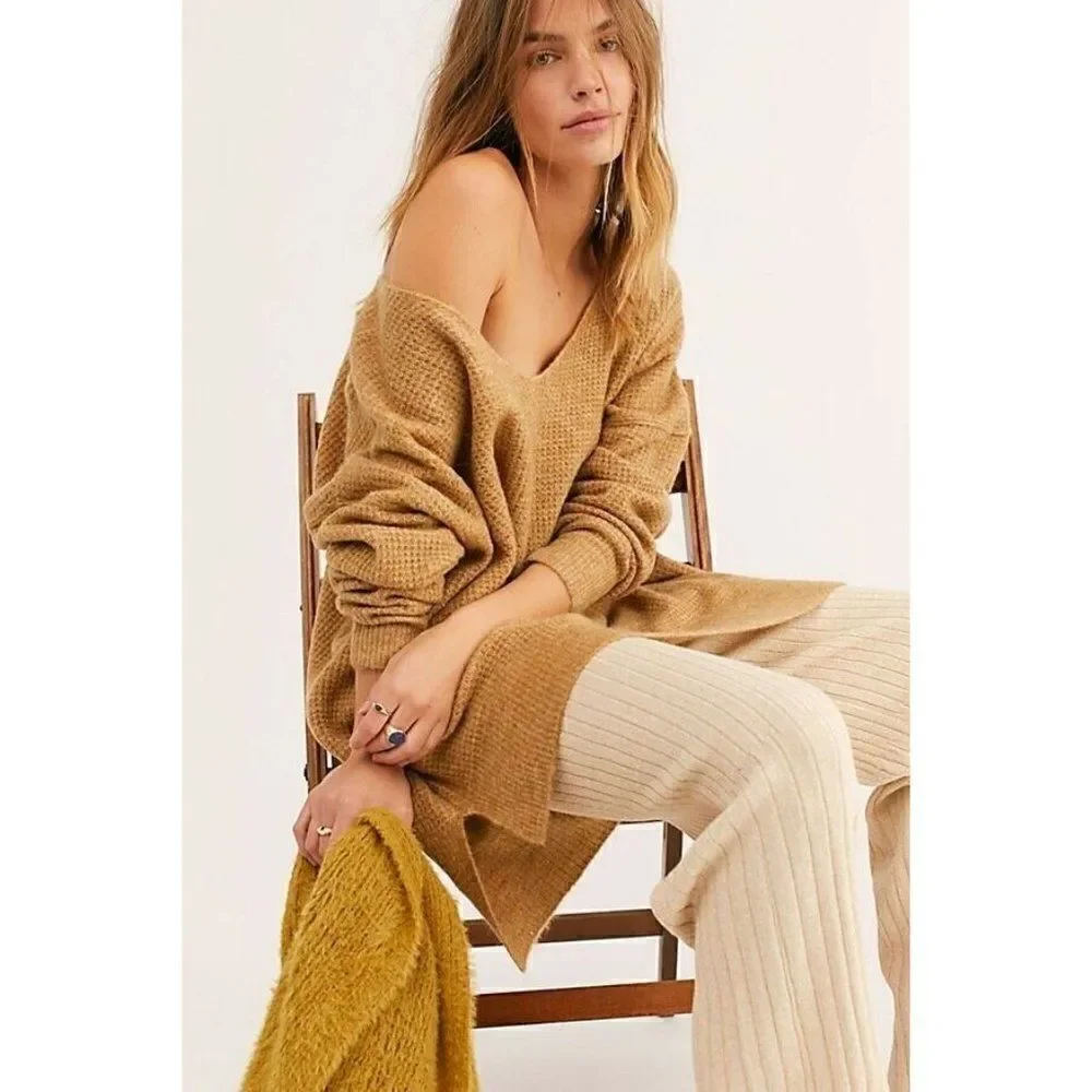 NEW FREE PEOPLE Sz LKEEP IT REAL SWEATER RIBBED KNIT FLARE PANTS CHAMPAGNE